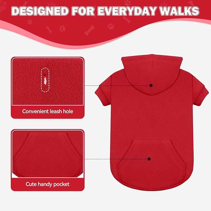 Extra Small Dog Sweater,Dog Hoodie,Warm Fleece Sweatshirt with Hood & Pocket,Leash Hole,Cozy Cold Weather Cat Pet Clothes Puppy Sweater for Small Dogs(Red,XS)