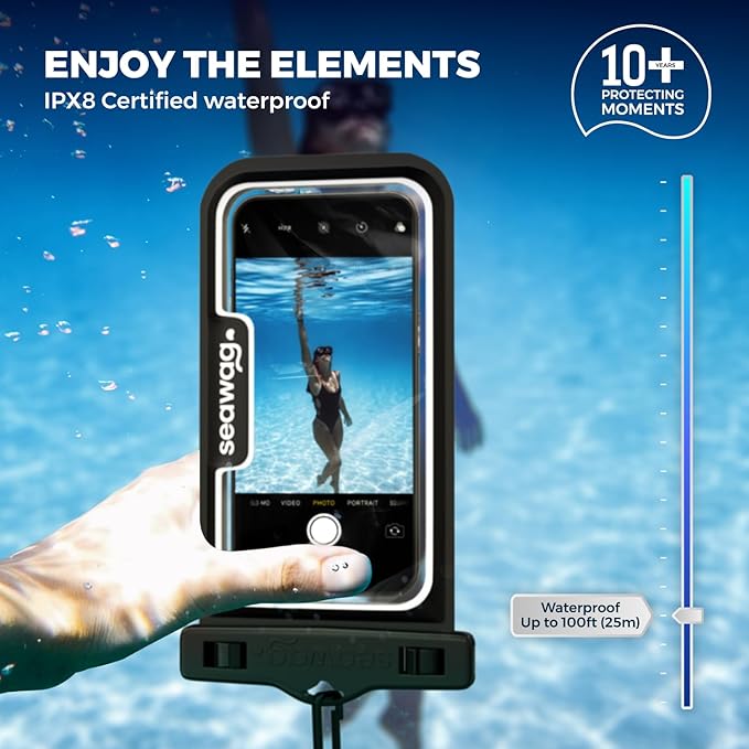 SEAWAG Next Waterproof Phone Case with Lanyard, Floating IPX8 Pouch for iPhone 17 16 Pro Max 15 14 13 12 11 and Samsung Galaxy S25 S24, Beach Cruise Travel Essentials, 1 Pack Blackwhite