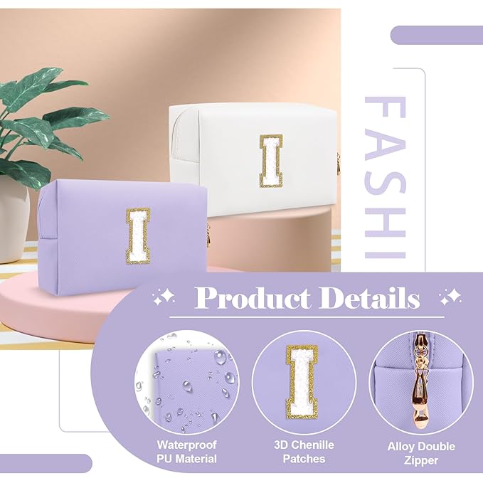 Personalized Makeup Bag Initial A-Z Preppy Patch Bag,Small PU Leather Travel Cosmetic Bag Pouch with Zipper,Purple Cute Toiletry Bag,Gift Ideal for Teen Girls Women Birthday Friend Mom,Latter I