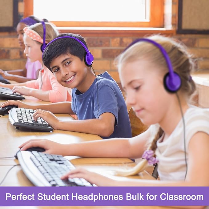 Yunsailing 30 Pack Bulk Headphones Set Over Ear Headphones with Adjustable Headband 3.5mm Plug Headsets Earphones for Learning Program, Computer Lab, Library, Testing & Multimedia Use (Purple)