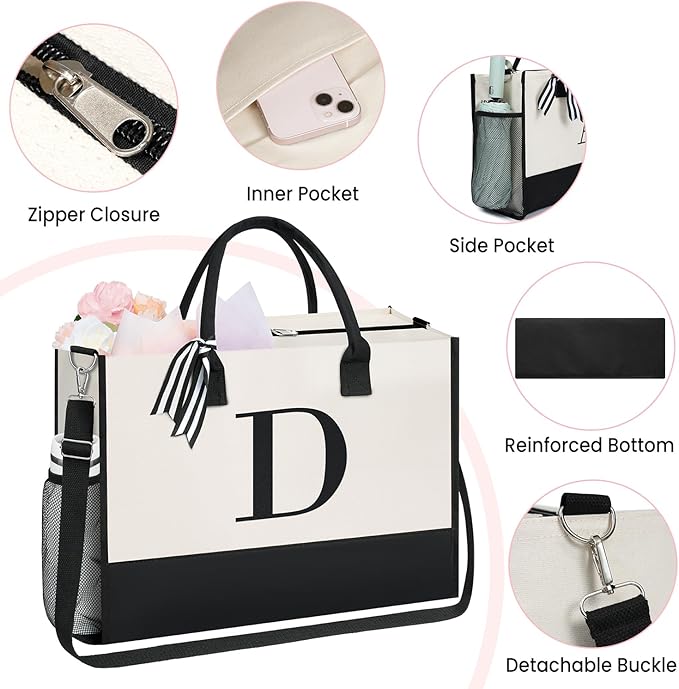 BAGAIL Initial Tote Bag, Personalized Birthday Gifts for Women, Teacher, Friends, Mom, Wedding, Monogrammed Beach Bag