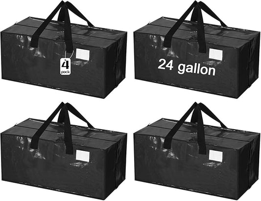 4 Pcs 24 Gallon Large Moving Bags with Zipper and Handles Foldable Storage Duffle Bags Heavy Duty Extra Large Totes for College Dorm Travel Clothes Blankets Bedding Moving (Black)