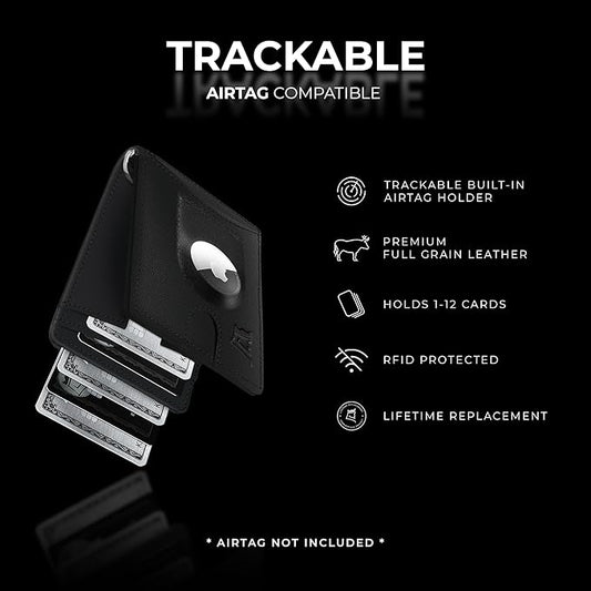 Kings Loot Trackable Airtag Wallet for Men | RFID Blocking Leather Design with Airtag Holder, Money Clip & Pull Tab | Minimalist Air Tag Wallets