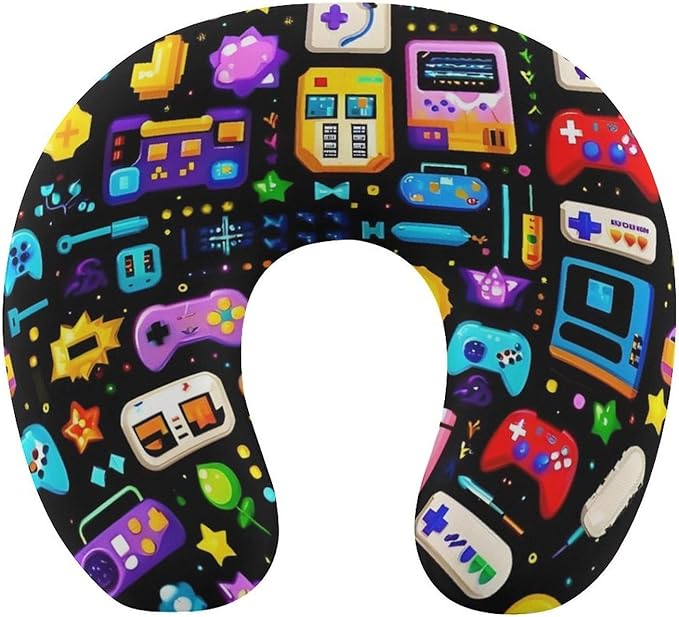 Memory Foam U-Shaped Travel Pillow Neck Pain Relief, Game Video Gaming Pattern White U-Shape, Removable Cover Airplane Car Office