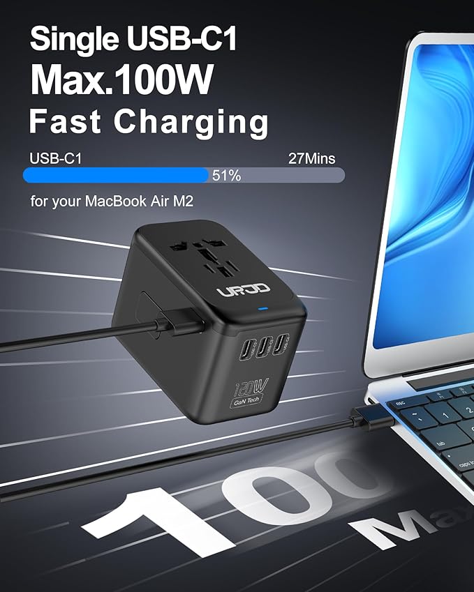 Universal Travel Adapter, 120W GaN International Power Plug Adapter, 5 USB Ports & 2500W AC Outlet, All-in-One Travel Charger for 200+Countries, Fast Charging All USB & Dual Voltage Devices