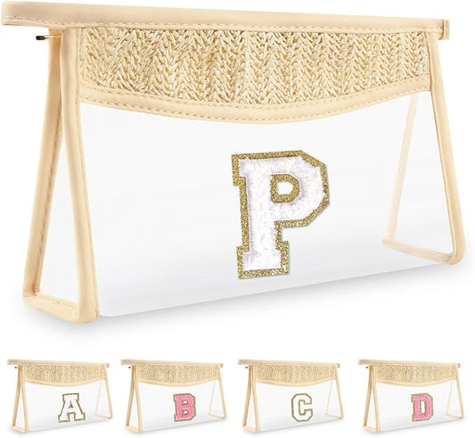 Personalized Initial Letter Bag Boho Straw Clear Makeup Bag,Small Cute Chenille Varsity Letter Pouch With Zipper,Beach Travel Toiletry,Portable Monogrammed Cosmetic Bag for Women Girls,P
