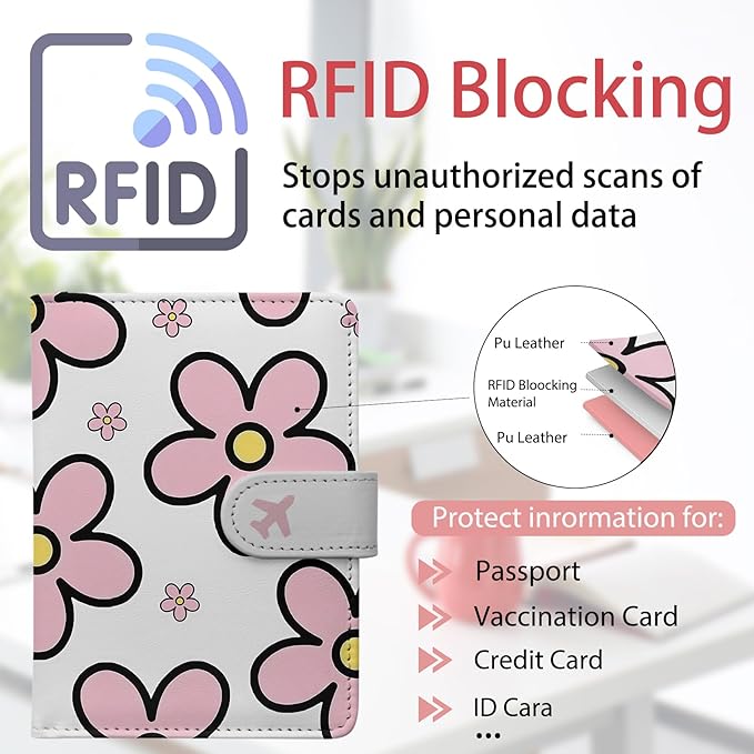 Passport Holder, Travel Wallet Cover with Pen Loop | Cute RFID Blocking Leather Case with Magnetic Closure for Travel Essentials-Posy