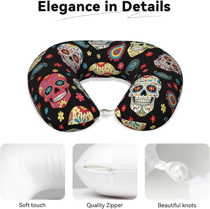 Travel Neck Pillow for Pain Relief Sleeping, Vintage Paisley Sugar Skull, Comfortable Memory Foam Chin Head Cushion Support with Zip Cover, Fashion Car Flight Pillows