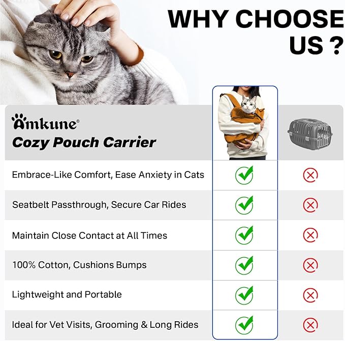 Amkune [Cozy Travel] Cat Carrier Pouch, Soft Sided Cat Sling Bag for Small Medium Cats, Carrying Sack, Restraint for Nail Trimming, Grooming,Caramel Small Upgrade