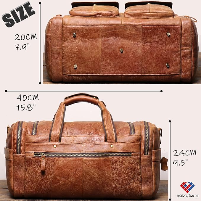 Full CowhideLeather Large duffel bags for men holdall leather travel bag overnight gym sports weekend bag (brown)