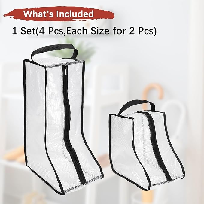 Boot Storage Bags [4PCS] - Plastic Tall Short Boot Carry Bags Clear Shoe Bags with Handle for Travel & Daily Use - [Black] Waterproof & DustProof Boot Bags for Cowboy Boots