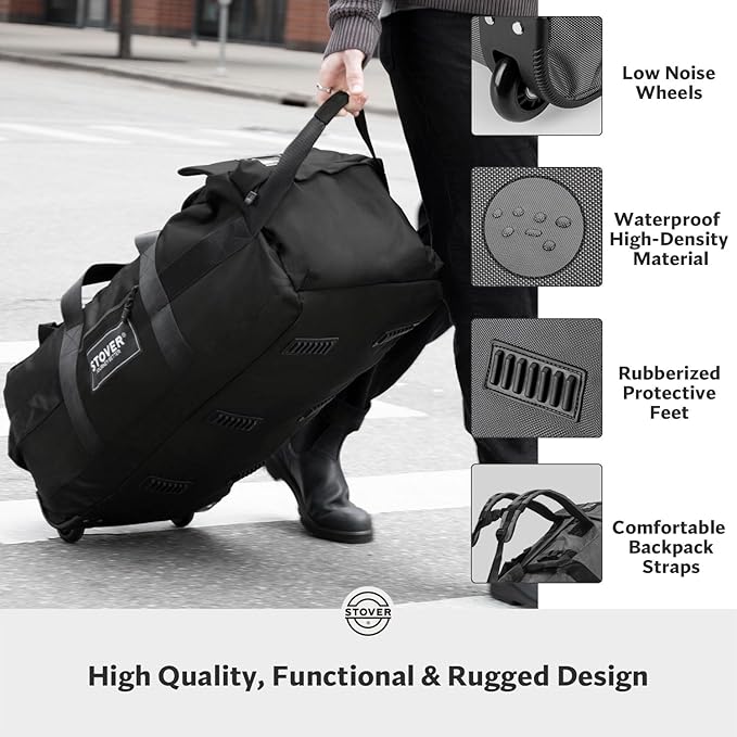STOVER 80L Rolling Duffel Bag with Wheels, Large Durable Travel Duffle + Toiletry Bag, Heavy Duty, Packable, Foldable with Shoulder Straps- Use as Luggage or Backpack, Men/Women (Black)