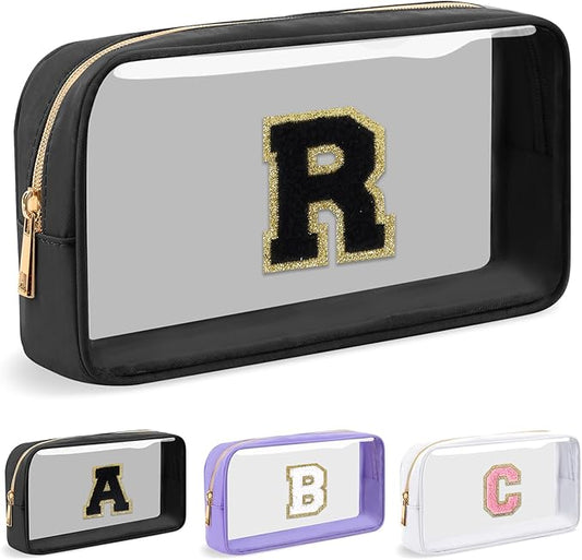 Personalized Initial Letter Clear Makeup Bag,Preppy Small Nylon&PVC Cosmetic Zipper Bag with Chenille Letter,Travel Skincare Toiletry Bag,Monogram Christmas Gift for Teen Girls Women,R
