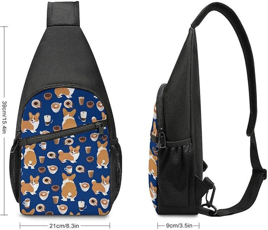 SWEET TANG Unisex Unique Chest Bag Gym Sack Fashion Sling Shoulder Backpack Outdoor Sports Daypack Shiba Inu Print Dog And Coffees, Multipurpose Adjustable Bag for Daily Use