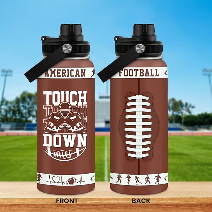 Football Water Bottle with Lid - 32oz Insulated Stainless Steel Sport Bottle - Gifts for Men Football Players Lovers Men