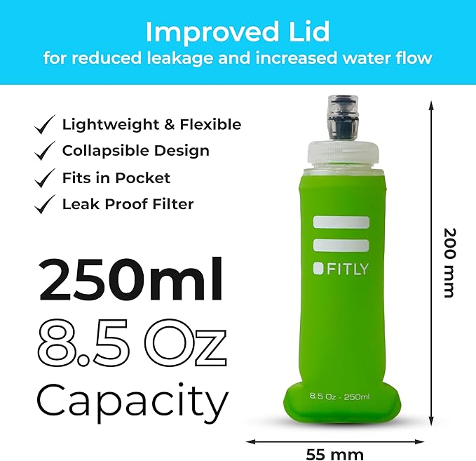FITLY Soft Flask - Shrink As You Drink Soft Water Bottle for Hydration Pack - Folding Water Bottle Ideal for Running, Hiking, Cycling, Climbing & Rigorous Activity