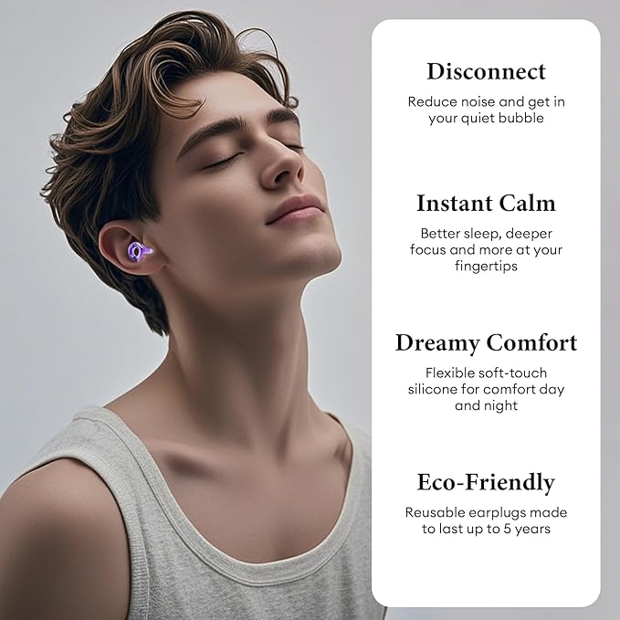 Noise Cancelling Ear Plugs 45dB – Reusable Silicone Earplugs for Sleeping, Snoring, Travel, Concerts & Work with 8 Eartips – Soft Comfortable Hearing Protection (Purple, One Size)