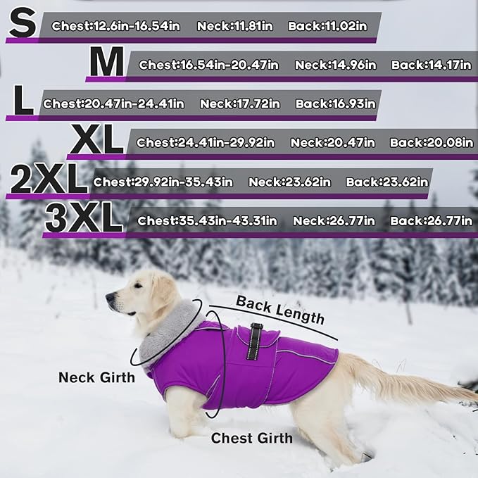 Lelepet Warm Dog Winter Coats for Large Dogs Waterproof Dog Jacket Reflective Pet Fleece Vest Windproof Cold Weather Coats with Adjustable Buckle & Leash Hole, Purple, XL