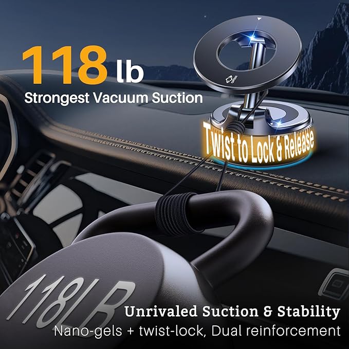 360 Adjustable Vacuum Magnetic Phone Holder for Car, 118LBS Nano Gel Suction Cup Phone Mount, Universal 360 Dashboard Phone Holders for Your Car for Magsafe iPhone 17 16 Air Pro Max