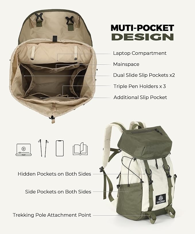 Hiking Backpack for Women Men Lightweight Camping Backpack with Rain Cover 30L Waterproof Hiking Daypack Bag with Hiking Pole Carrying System for Travel Trekking Mountaineering Large Capacity (Green)