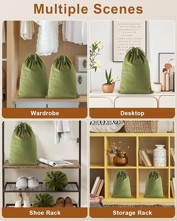 FantasyLife Shoe Bags for Travel, Washable Dust Bags for Storage & Packing, Flannel Shoe Pouch with Drawstring Closure for Purses, Handbags, Shoes & Toys (2, Sage Green)