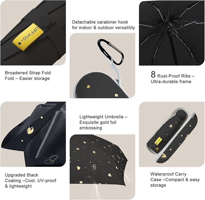 Compact Travel Umbrella - Mini Manual Umbrella for Purse, Windproof & UPF 50+ Sun & Rain Protection, Lightweight Portable Folding with Case for Women, Men，Kids