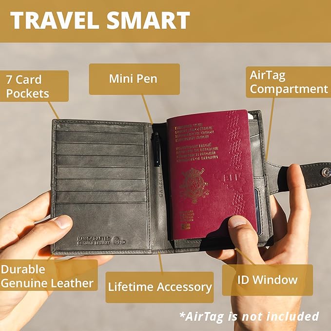 GARZINI Passport Holder with AirTag, Passport Wallet with RFID, Travel Accessories, Travel Document Holder with ID Window, Leather Passport Holder for 7 Cards, Brushed Brown