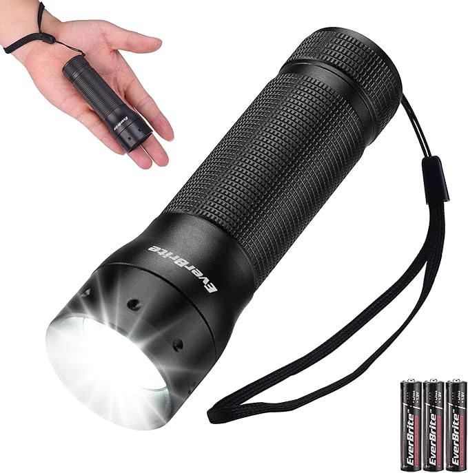 EverBrite Mini Flashlight, Zoomable LED Flash Light, 3 Modes, 3AAA Batteries Included, Handheld Small Flashlight for Camping, Emergency, Home – Black