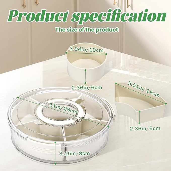 Snackle Box Container Divided Serving Tray with Lid, 6-Compartment Portable Spinning Round Stackable Container, Handle for Organize Veggies, Fruit, Candy, Party Snacks, Nuts, Kitchen Party Essentials