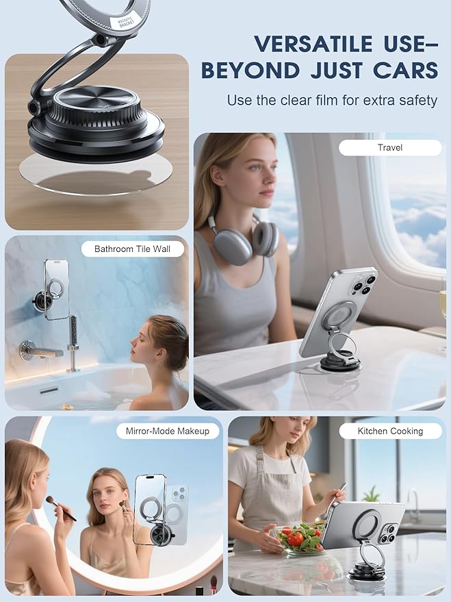 Ultra-Thin Vacuum Magnetic Car Phone Holder for MagSafe[108+LBS Strongest Suction & 3000gf Strongest Magnetic],360°Adjustable Suction Cup Phone Mount for Car,Gym,Mirror,Men Women-Black