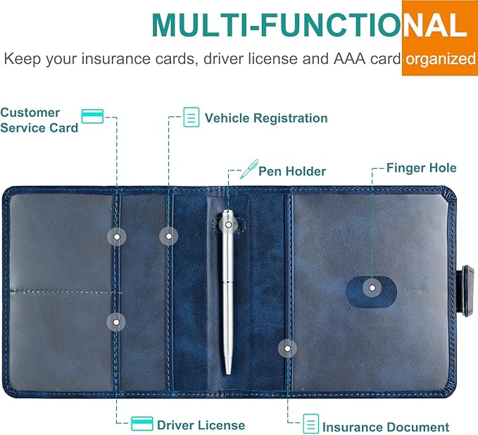 Car Registration and Insurance Holder, Folio Leather Vehicle Card Document Glove Box Organizer Auto Truck Compartment Accessories for Essential Information, Men&Women by YAVIV, Blue