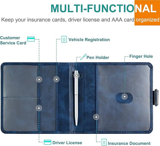 Car Registration and Insurance Holder, Folio Leather Vehicle Card Document Glove Box Organizer Auto Truck Compartment Accessories for Essential Information, Men&Women by YAVIV, Blue