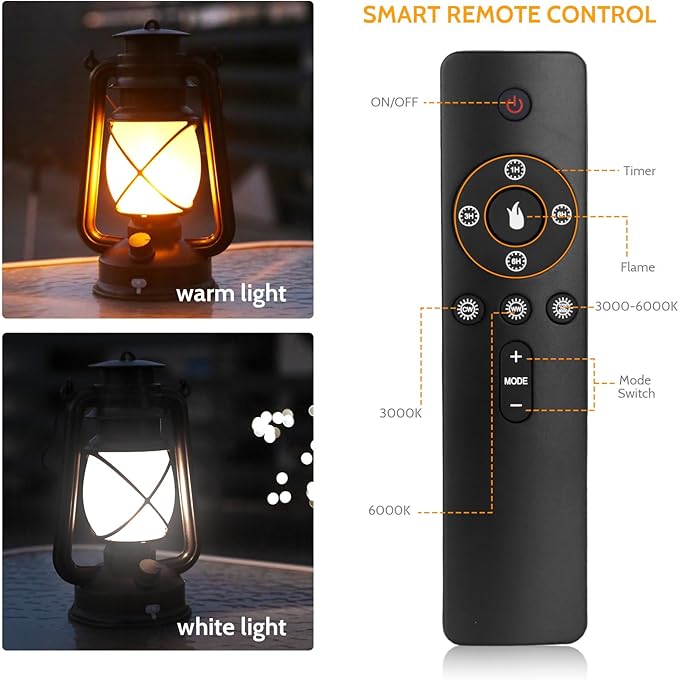 2 Pack Vintage Lantern Flickering Flame Rechargeable LED Retro Camping Lights 4 Modes Remote Control Battery Powered Outdoor Lamp Hanging Lanterns