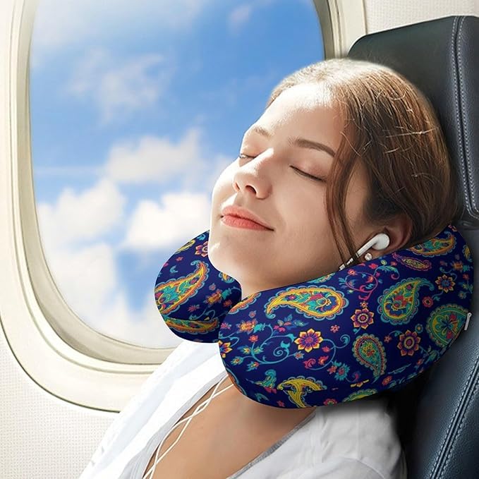 Cute Decorative Travel Neck Pillow Memory Foam Chin Cushion Colorful Paisley Flowers, Washable Cover for Women Airplane Car Home Sleeping Rest