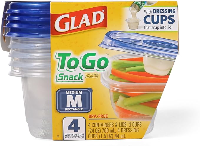 Glad GladWare To Go Snack Food Storage Containers - Medium Round - Meal Container Holds up to 24 Ounces of Food - Lock Tight Seal, 4 Count