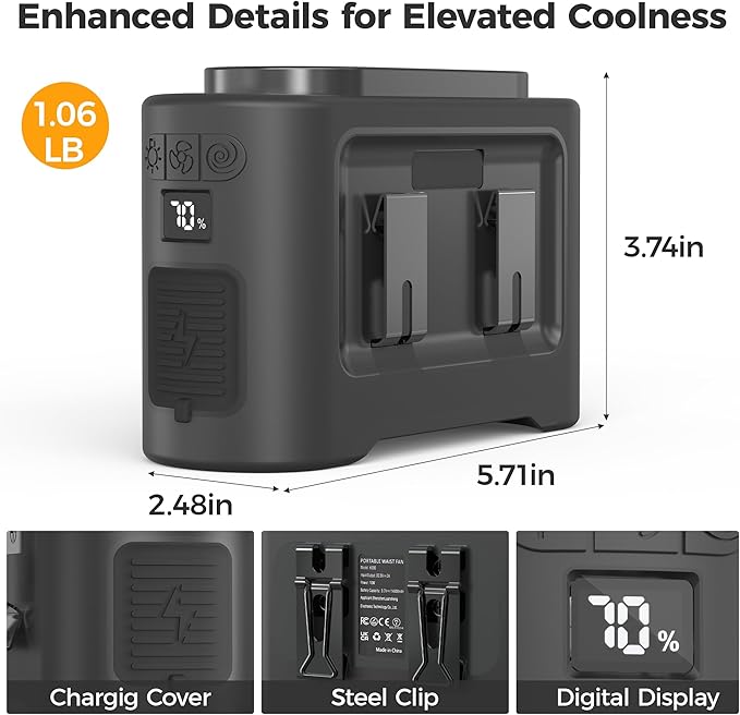 14500mAh Portable Waist Fan Clip On Belt- Rechargeable Battery Operated,Max 40H Cooling,5 Speed 14600RPM,Dual Air Vent, Hands-free Shirt Neck Fan With Light for Outdoor Jobsite Camping Traveling