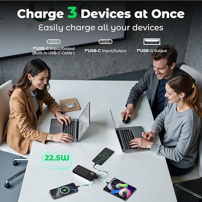 Portable Charger Power Bank, 10000mAh 22.5W Super Fast Charging Powerbank with Built-in USB C In&Out Cable, Slim External Battery Pack for iPhone 16/15/14/13/12/11 iPad Samsung S24 S23 Android (Black)