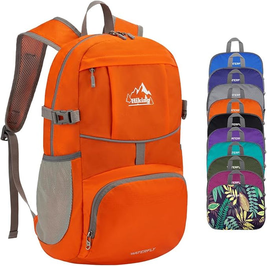 WATERFLY Hiking Packable Daypack Backpack: 25L Ultra Lightweight Day Pack for Woman Man - Small Compact Folding Back Pack for Outdoor Sport Cycling Camping Travel Trip - Orange