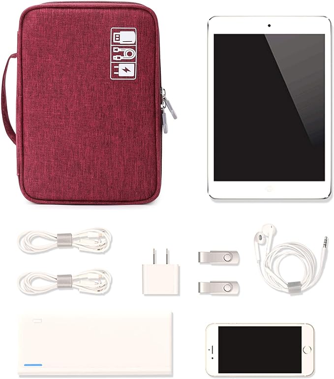 Travel Cable Organizer Bag, Electronic Accessories Case Portable Double Layer Cable Storage Bag for Cord,phone,Charger, Flash Drive, Phone, SD Card,Personal Items - (Red)