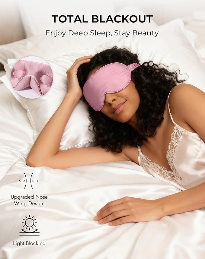 SilkSilky 100% 22 Momme Mulberry Silk Sleep Mask – Upgraded 3D Contoured Eye Mask with Nose Wing Pads & Adjustable Strap, Luxury Blackout Eye Cover for Women & Men (Pale Mauve)