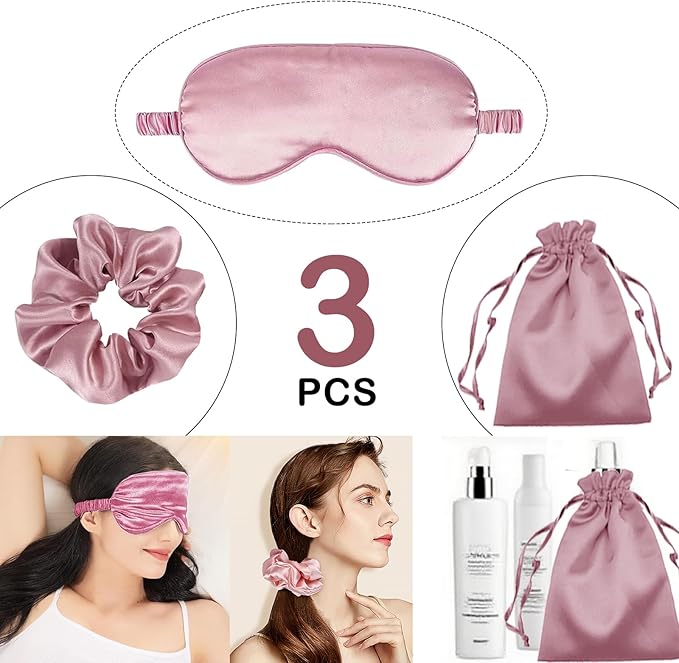 3Pcs Satin Eye Mask Silk Sleep Masks Set Silky Blindfold Eyeshade Blackout Eyes Cover Pouches Bag Scrunchy Wedding Gift