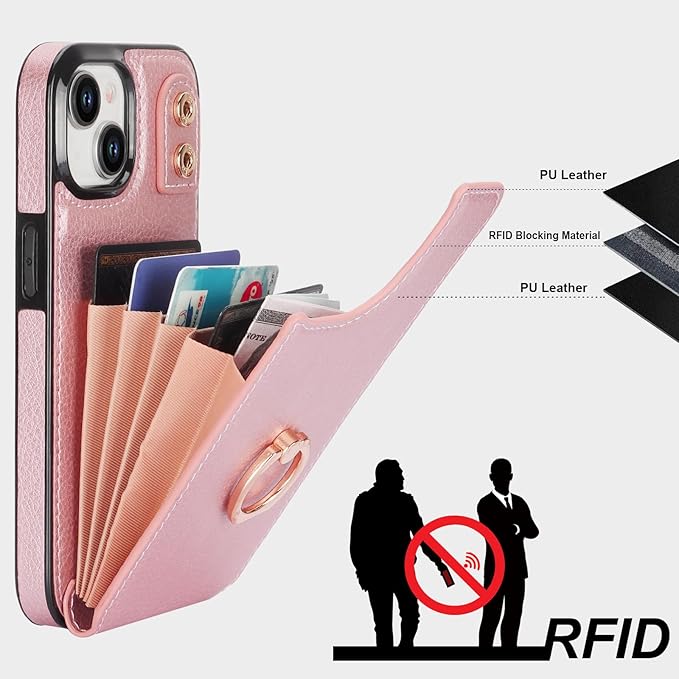 Folosu Compatible with iPhone 15 Case Wallet with Card Holder, 360°Rotation Finger Ring Holder Kickstand, RFID Blocking Leather Protective Double Buttons Shockproof Cover 6.1 Inch Rose Gold