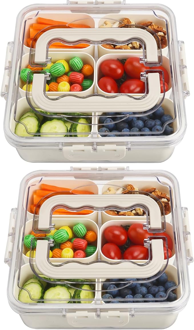 SMALL Divided Serving Tray with Lid and Handle, Portable Snack Box Container, 6 Compartments Veggie Fruit Snackle Tray, Charcuterie Platter Container for Party, Nuts, Snacks, Picnic,2 Pack, SMALL SIZE