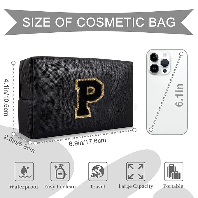 Personalized Initial A-Z Preppy Patch Makeup Bag,Small PU Chenille Letter Cosmetic Bag with Zipper for Teen Girls,Black Cute Toiletry Organizer Bag,Monogram Makeup Case Gift for Women Girls,Letter P