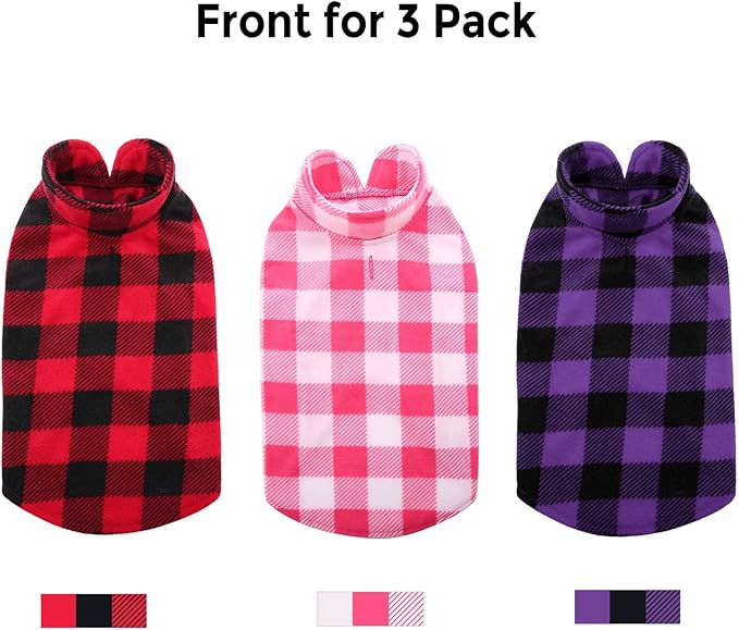 ASENKU Dog Sweater 3 Pack - Plaid Fleece Vest, Soft Comfortable Pet Pajamas, Warm Winter Shirt, Cold Weather Coat Jacket for Small & Medium Breeds