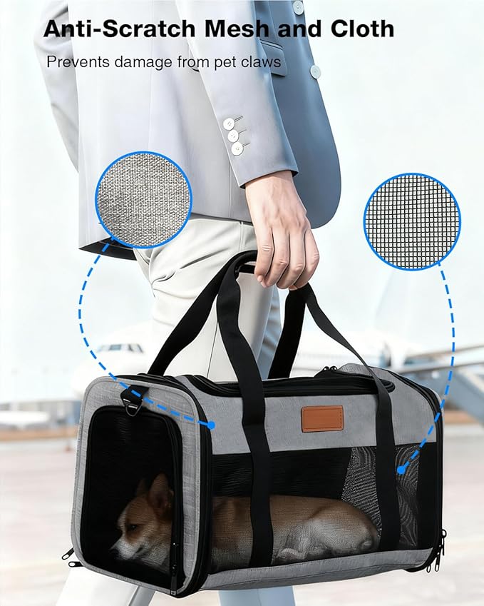 Dog Carrier Airline Approved - 17"×11"×9.5", Underseat, Under 10 lb, Top & Side Entry, Soft Sided Pet Carrier with Anti-Scratch Mesh for Small Dogs - Ideal for Travel and Vet Visit - Grey
