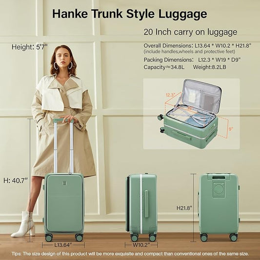 Hanke 20 Inch Carry On Luggage with Cup Holder and Charge,Top Opening Hard Shell Suitcases with Wheels and Dividers,Aluminum Frame Trunk Luggage Small Suitcase with Lock for Travel,Forest Green