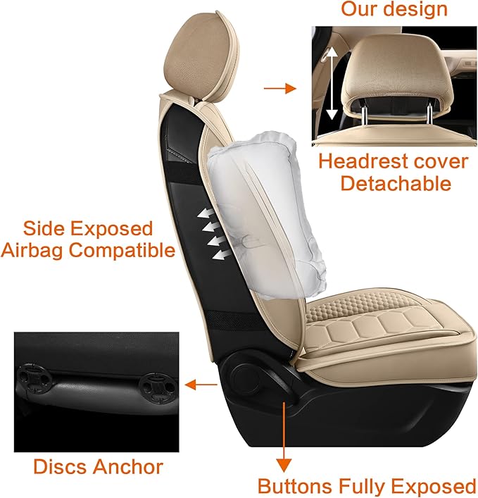 HAIYAOTIMES Leather Car Seat Covers Front Set, Waterproof Faux Leather Seat Covers for Cars, Non-Slip Car Interior Covers Universal Fit for Most Cars Sedans Trucks SUVs, Beige
