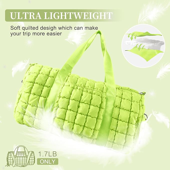 Quilted Travel Duffle Bag Gym Bag for Women,Large Puffer Duffle Weekender Bag with Compartment,Workout Overnight Carry on Organizer Bag Duffle Bag for Airplane Travel(L-Green)