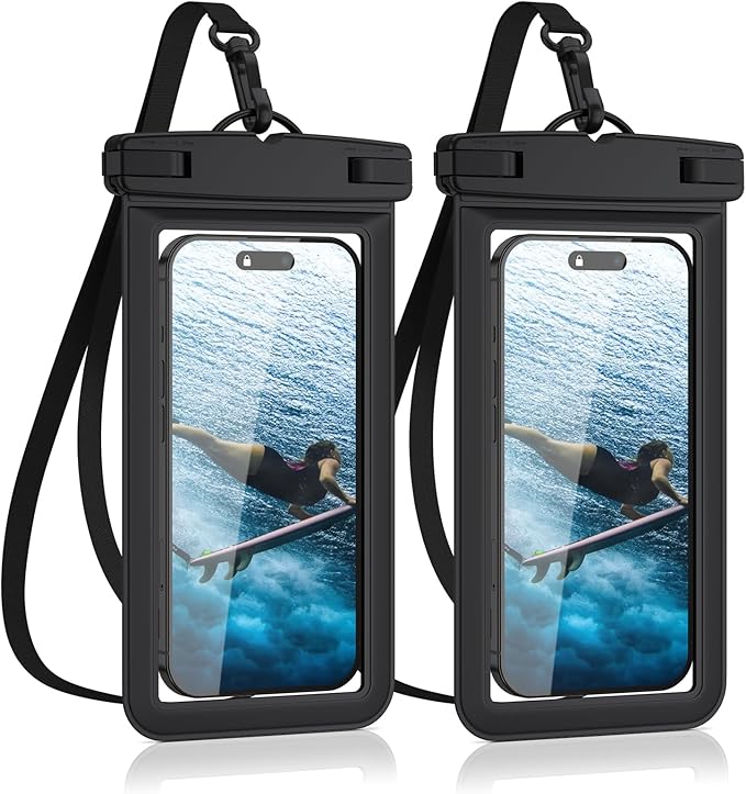 2 Pack Waterproof Phone Pouch for iPhone 17 16 15 14 13 12 11 Pro Max Plus Air, IPX8 Cellphone Dry Bag with Detachable Lanyard for Beach Cruise Ship Travel Essentials (Black+Black)